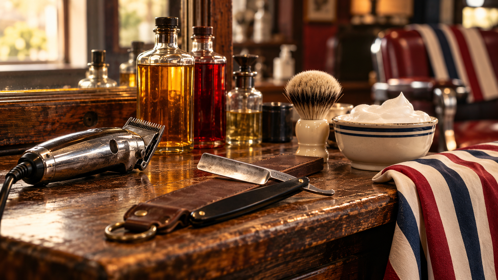 Illustrative still life of clippers, a straight razor, tonic bottles and a shaving brush on a wooden counter