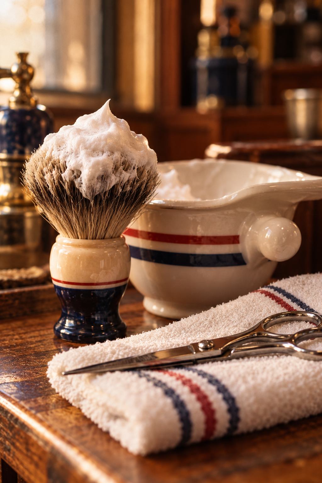 Illustrative close-up of a shaving brush, shears and a striped towel